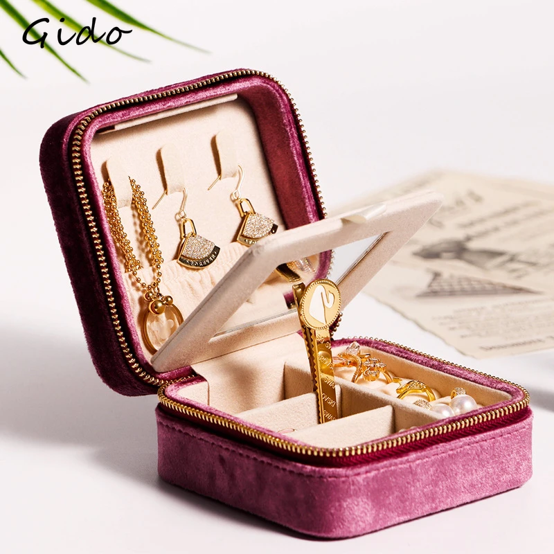 

Velvet Portable Jewelry Box Mirror Jewelry Case Square Rings Necklace Earrings Display Holder Organizador De Joyas