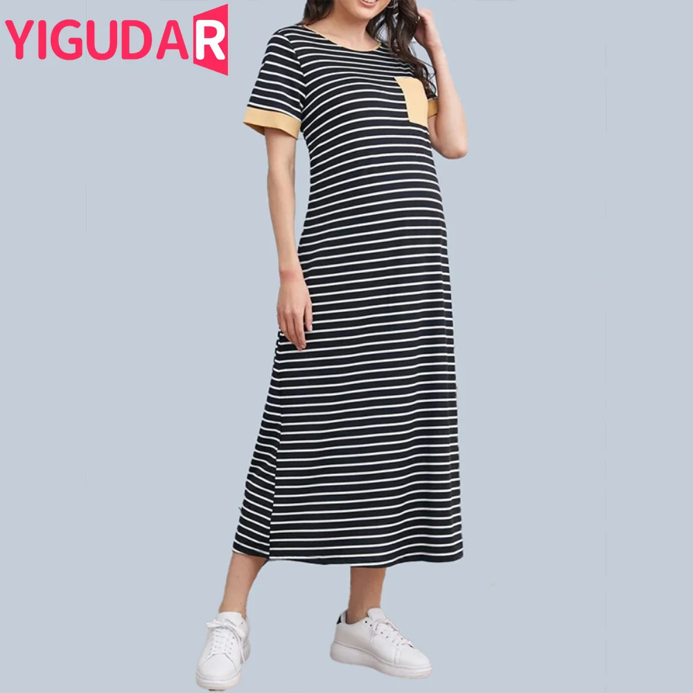 2023 New Pregnancy Dress Women O-neck Pregnant Nursing Maternity Short Sleeve Stripe Summer Dress Maternidade vestido