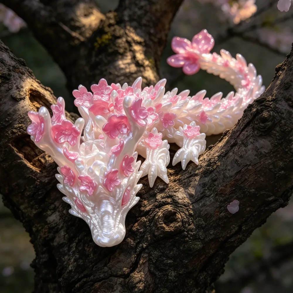 3D Printed Realistic Animal Figurine Pink Cherry Blossom Dragon Toy Model Movable Joints Office Desktop Decoration Ornament Gift
