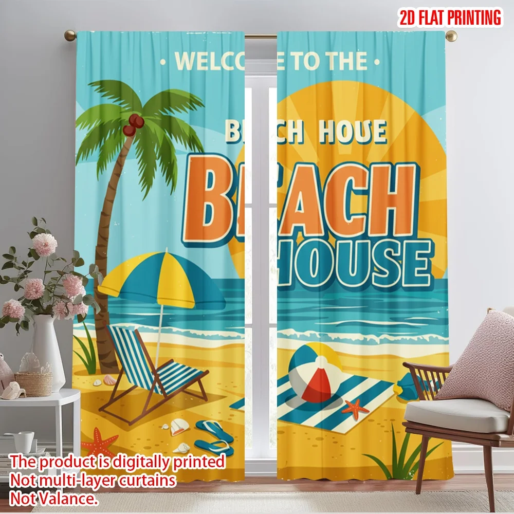 

2pcs 2D flat printing Party Curtain Beach House Sun Palm Polyester Without Electricity Family Party Perfect for Living Room