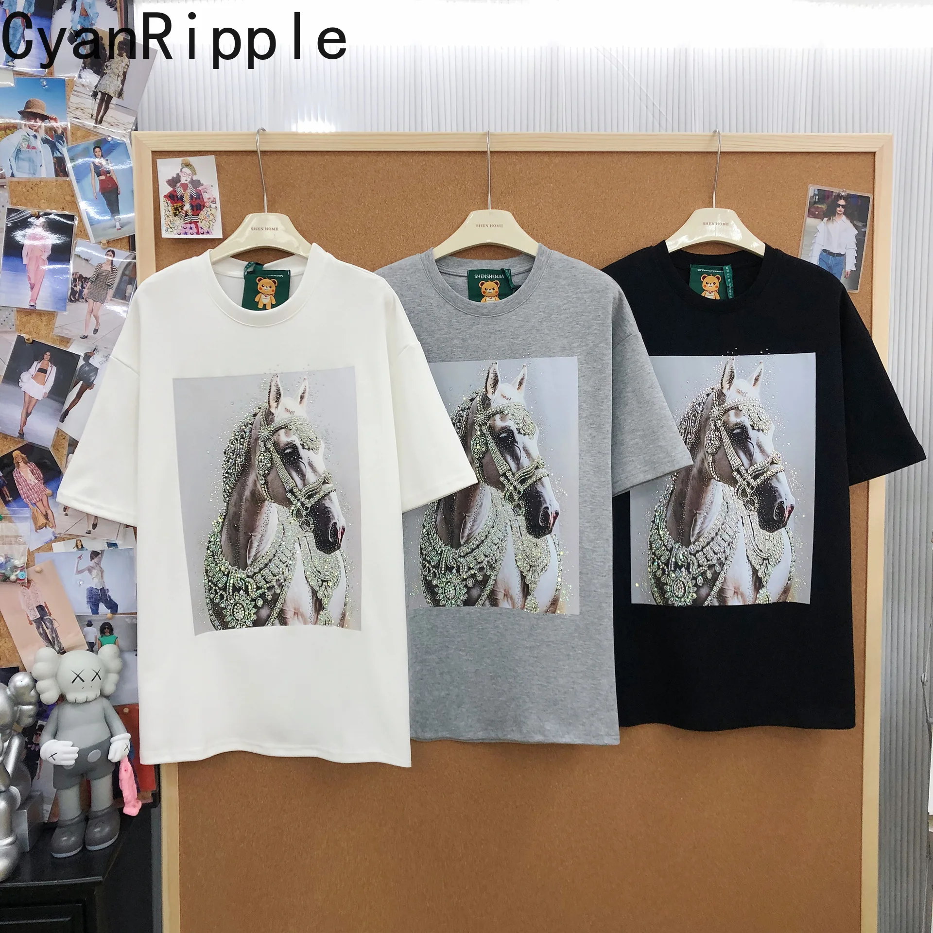 

Trendy Horse Printed Hot Drilling Women T-shirt All-match New Spring Summer Round Neck Pullover Top Mid-long Short Sleeve Tees