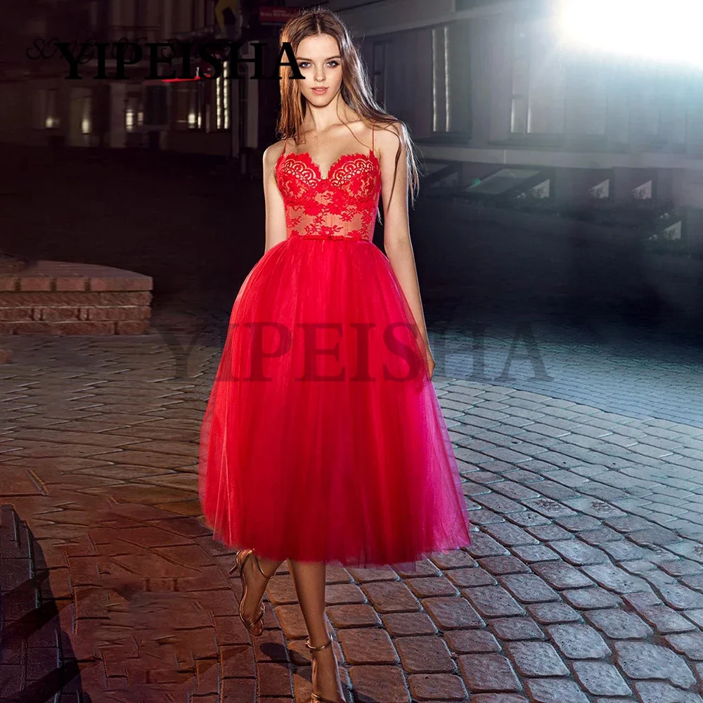 

Simple Sweetheart A-Line Prom Gown See-Through Lace Tulle Sexy Little Red Evening Dresses Spaghetti Strap Tea-Length Paty Dress