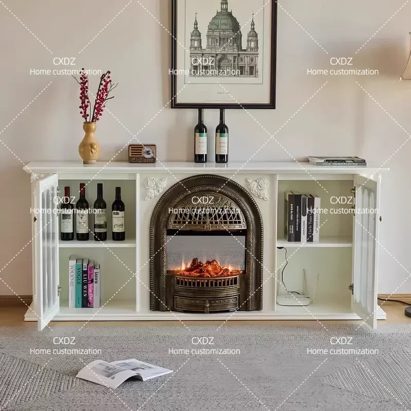 French light luxury solid wood fireplace TV cabinet, retro carved simulated fire fireplace living room decorative storage