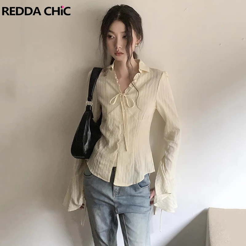 

REDDACHiC Textured Bandage Flare-sleeved Women's Shirt V-neck Ruffle Striped Tie Front Blouse Top Medieval Vintage Undershirt