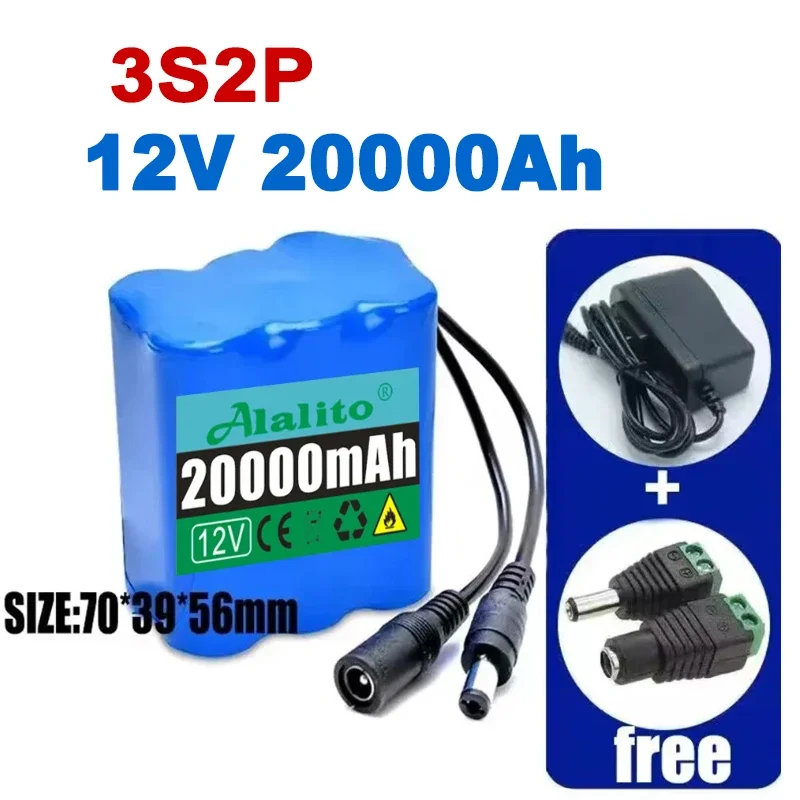 New Portable Super 12V 20Ah Battery Rechargeable Lithium Ion Battery Pack Capacity DC 12.6v 3S2P CCTV Cam Monitor+Charger