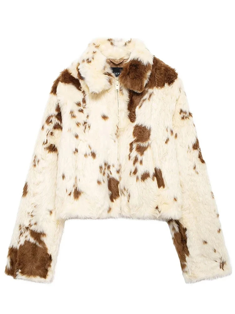 

Women's Fashion Vintage Loose Faux Fur Contrast Coat 2024 Autumn Winter Lapel Long Sleeve High Street Warm Coat