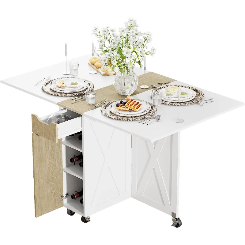 Table à manger pliante, table peu encombrante avec 6 roulettes pour petits espaces (blanc)