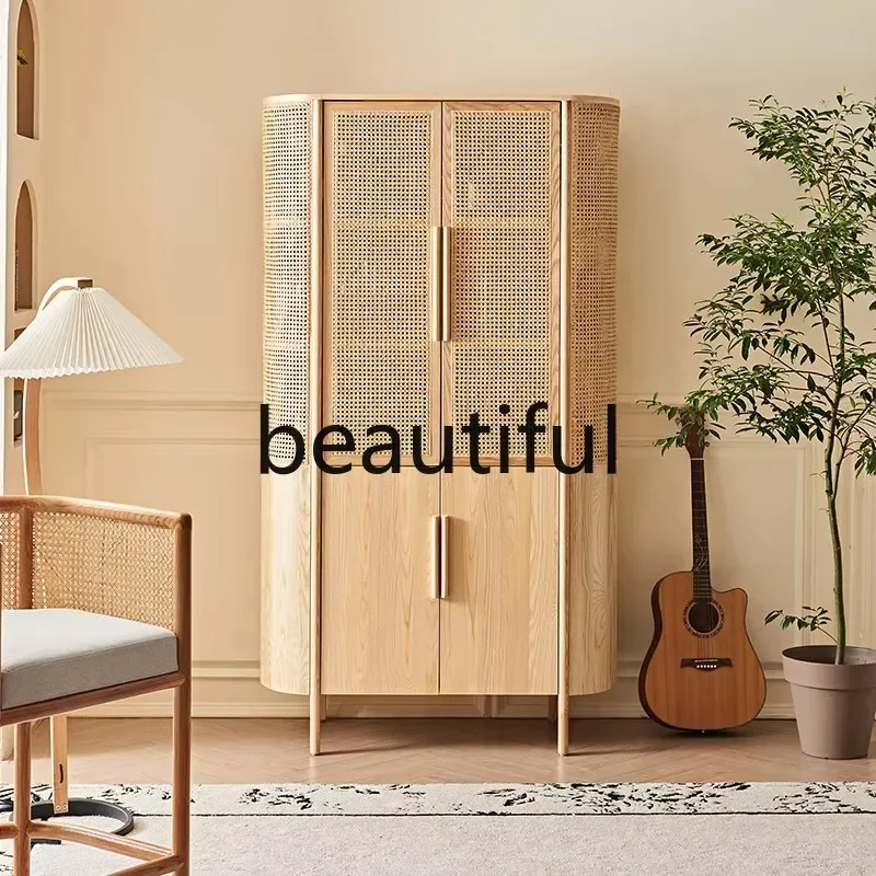 

Rattan display wine cabinet Nordic multi-functional ash wood solid wood double door multi-layer partition locker
