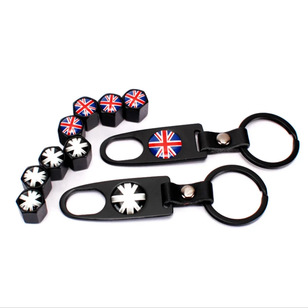 4pcs Wheel Tire Valve Caps Covers & 1pc Keychain UK Flag Logo Automobiles Decoration for MINI Cooper Coupe Cabrio One Series