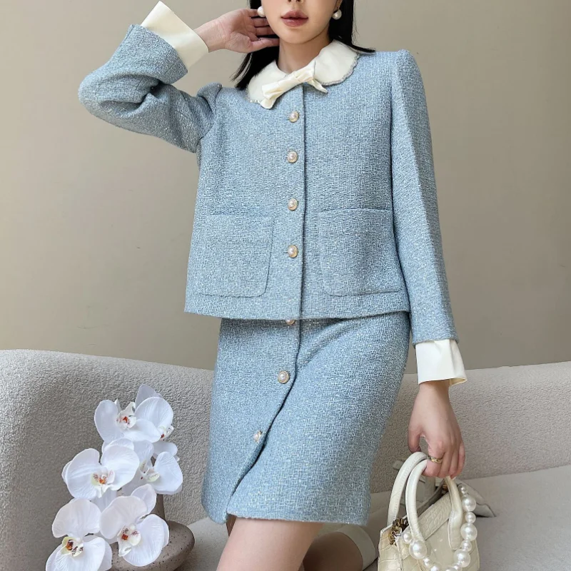 

Autumn French Sequins Bow Long Sleeve Blue Coat+ Mini Skirt Set Tweed Elegant Office Sweet Small Fragrance Two-piece Women Suit