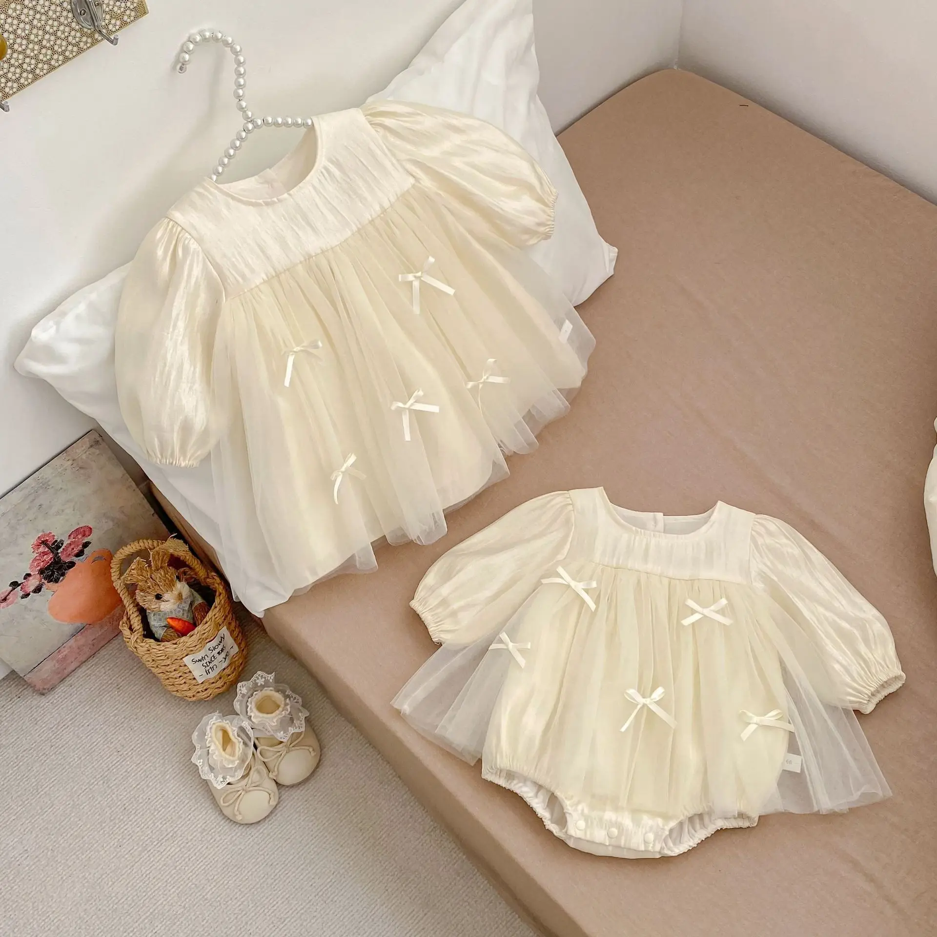 

2026 Spring New Girls Long Sleeve Princess Dress Cotton Baby Girl Cute Sweet Bow Mesh Dress Children Sisters Clothes