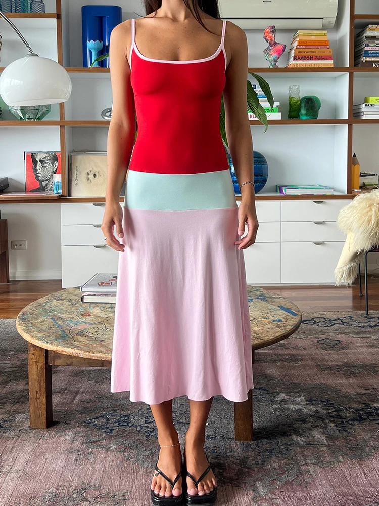 

JULISSA MO Patchwork Sexy Spaghetti Strap Maxi Dress For Women Coffee Sleeveless High Waist Dress Spring Slim Casual Streetwear