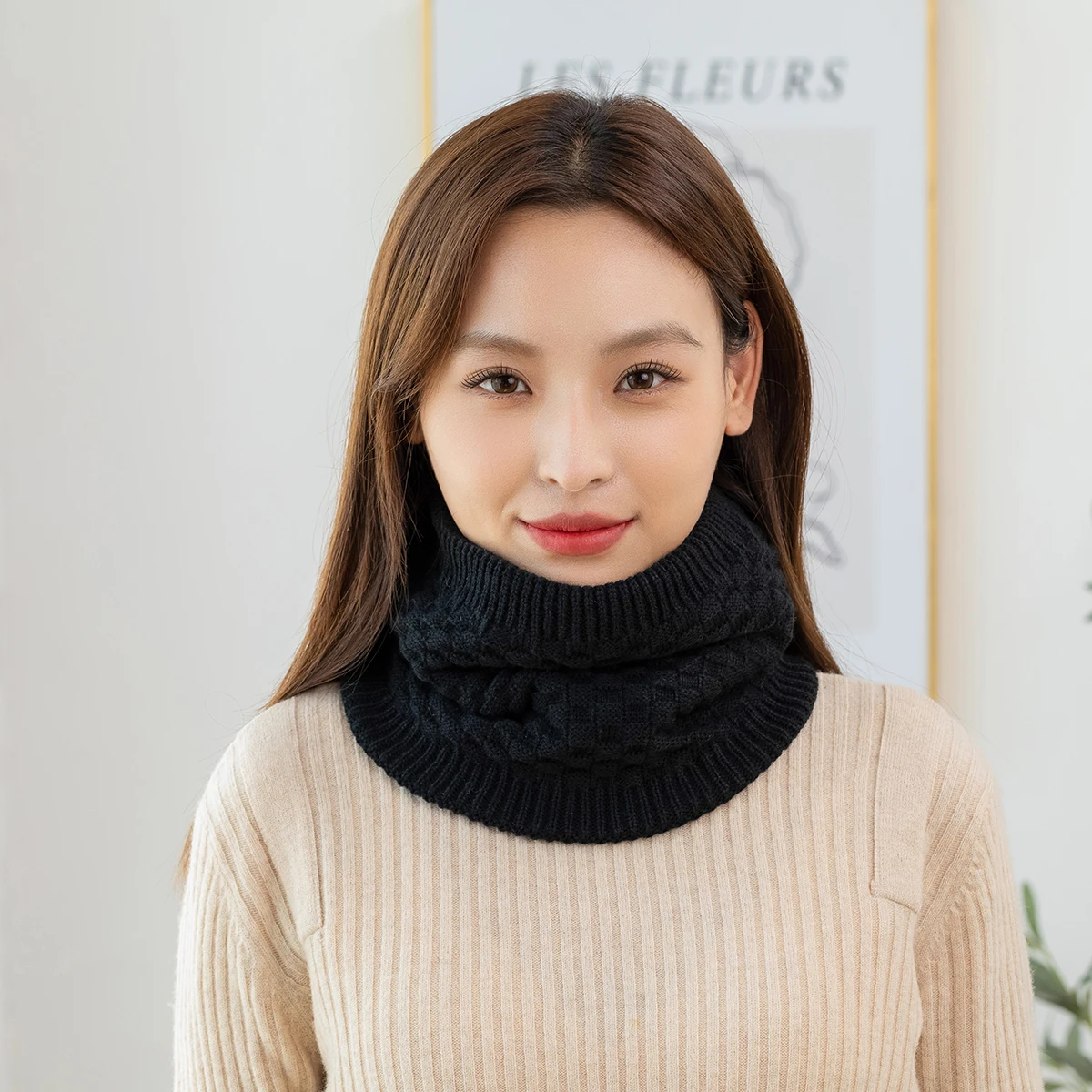 Small Grid Weaving Knitted Neckscarf High Collar Scarf Women Winter Warm Scarves Windproof Outdoor Scarf