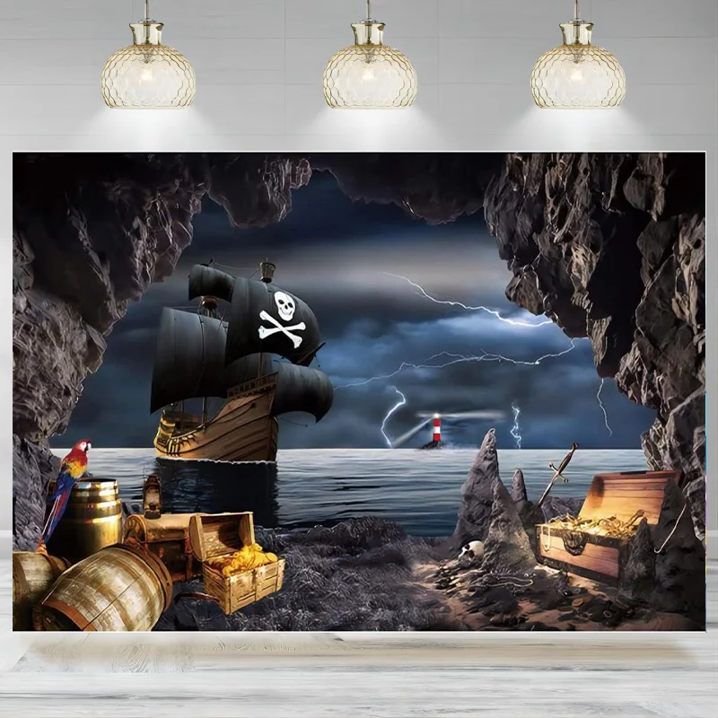 Pirate Ship Backdrop Seaside Cave Adventure Ship Island Cruises Treasure Photography Background Girl Kids Boy Baby Shower Bann