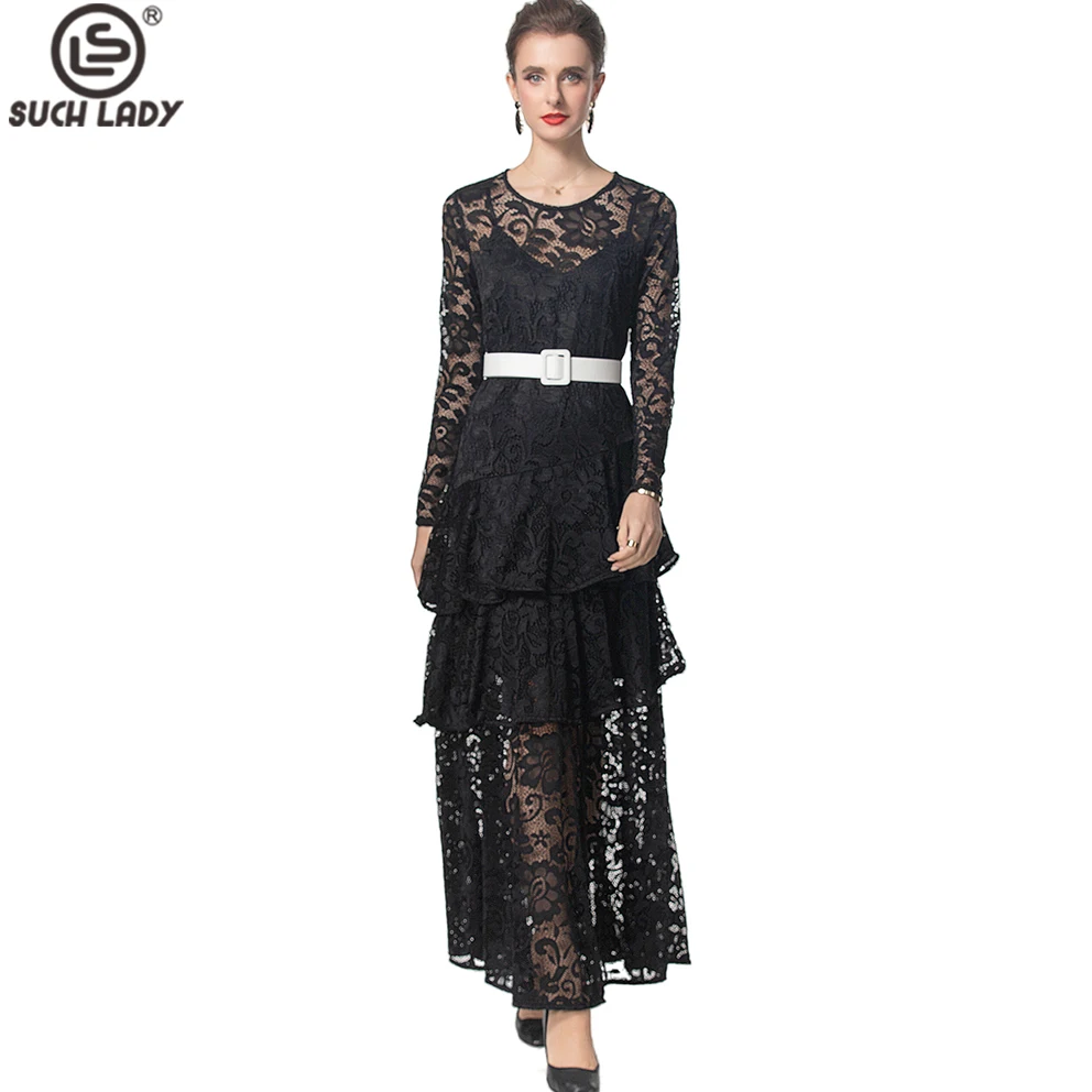 

Women's Dress O Neck Long Sleeves Tiered Ruffles Lace Elegant Designer Party Gown Vestidos