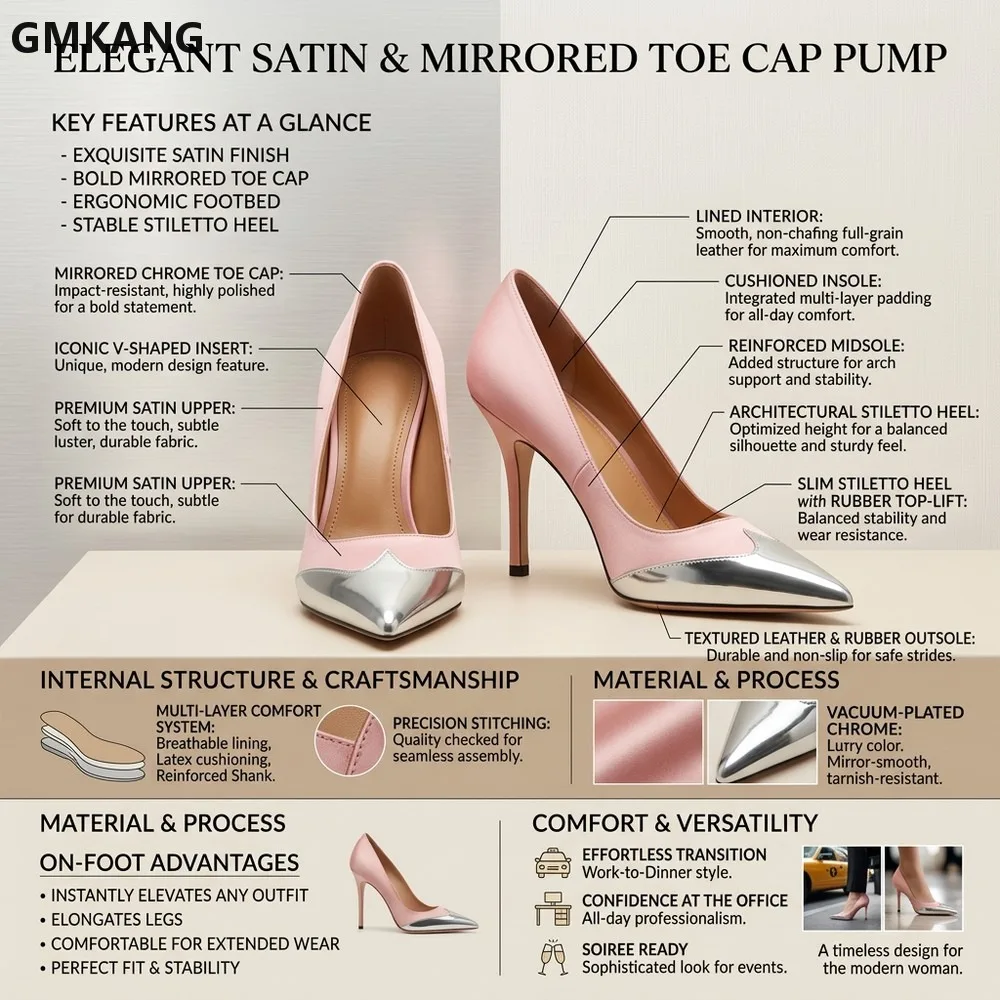 Metallic Pointed Toe Patchwork Satin High Heels Women Dress Shoes Stiletto Heel Party PumpElegant Women's Pointed Toe