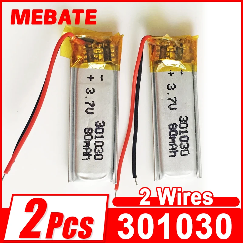 2pcs 3.7V 80mAh Lipo Rechargeable Battery 301030 For MP3 GPS Bluetooth Headphone Headset Video Pen Camera Recorder
