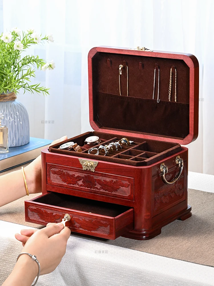 Solid Wood High-End Jewelry Box Red Sandalwood Vintage Gold Jewelry Ring Exquisite Rosewood Storage Box Wedding Gift