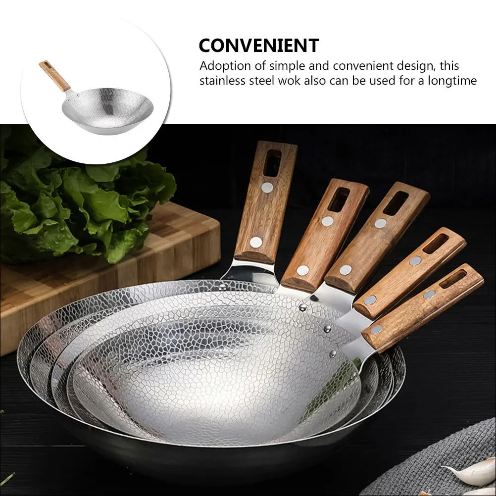 

Stainless Steel 30Cm Deep Frying Heavy Duty Metal Wok With Wooden Handle For Home Kitchen Stove Use Wok Stir-Fry Pan