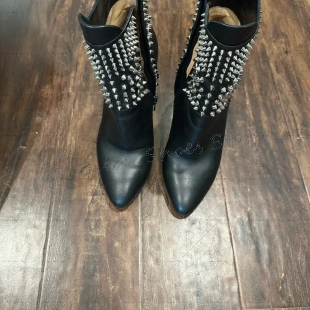 

Black Rivets Decor Side Zipper Ankle Boots Pointed Toe Women Shoes Thin High Heels Party Banquet Dating 2025 Zapatos Para Mujere