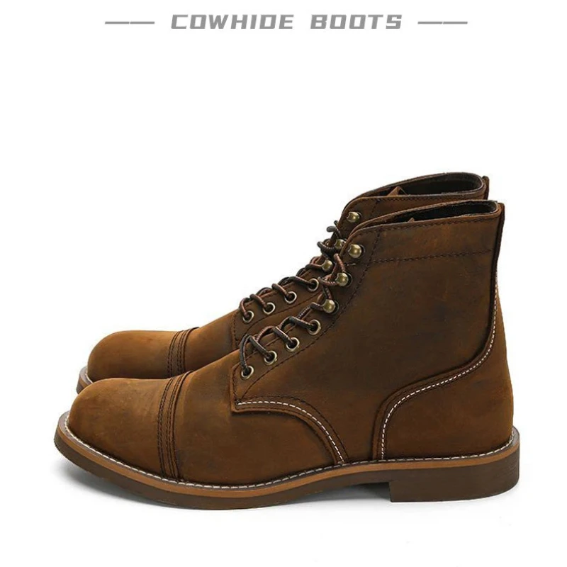 Amekaji Vintage Leather Motorcycle Boots, Genuine Cap-Toe Desert Boots with Chunky Sole, American Retro High Top Work Boots
