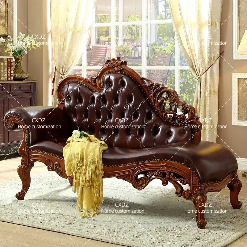 American Solid Wood Recliner Fabric Single Couch European Style Bedroom Separate Leisure Chaise Lounge Balcony Sofa