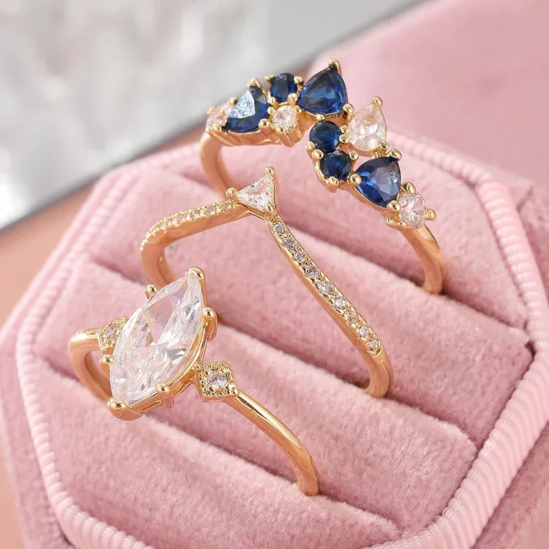 3-teiliges Set Modische Dreischichtige Damenring-Sets mit Mehrfarbigem Zirkon, Luxuriöser Goldfarbener Ring, Charm für Party und Bankett, Schmuck