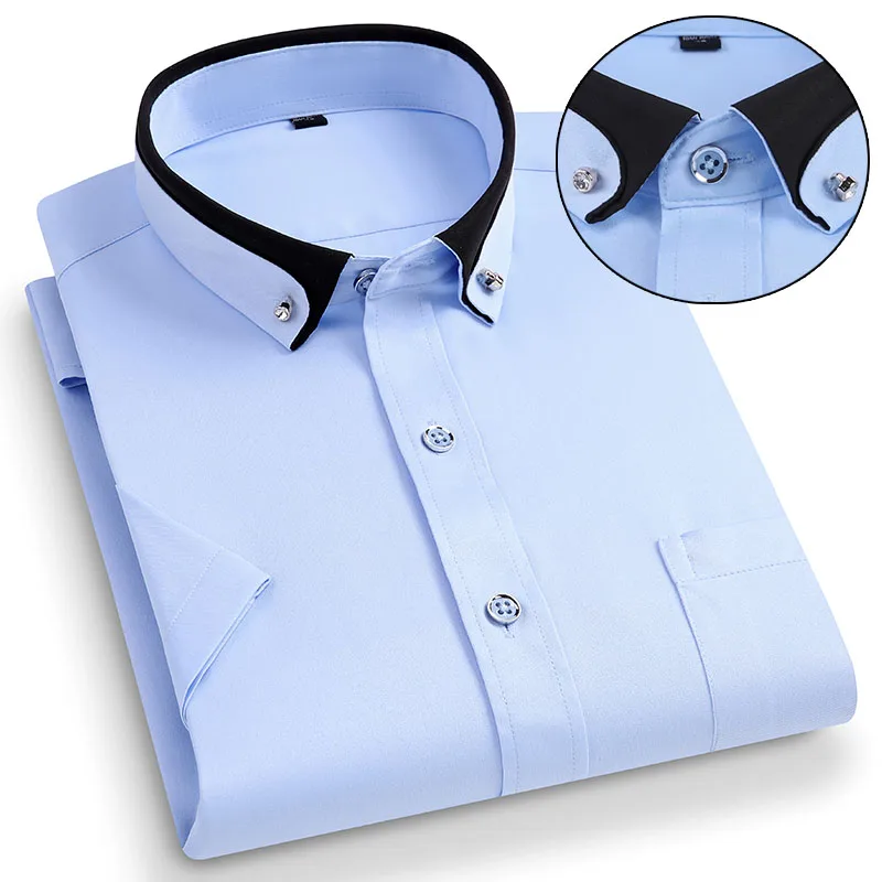 Men's Business Dress Shirts Short Sleeve Contrast Collar Social Blouse With Diamond Anti-Wrinkle Button Formal Solid New In Tops