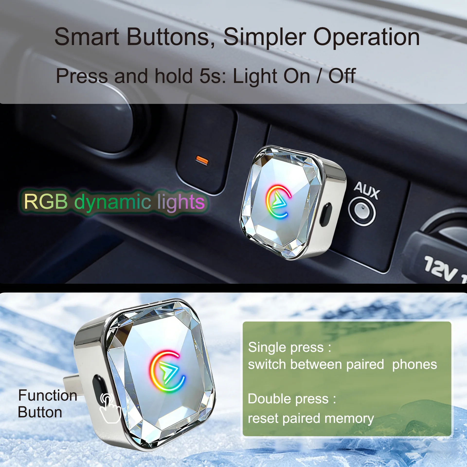 Crystal-style Wireless CarPlay Adapter, Car Interconnection Box, Dual-Mode Adapter Compatible with Android Auto