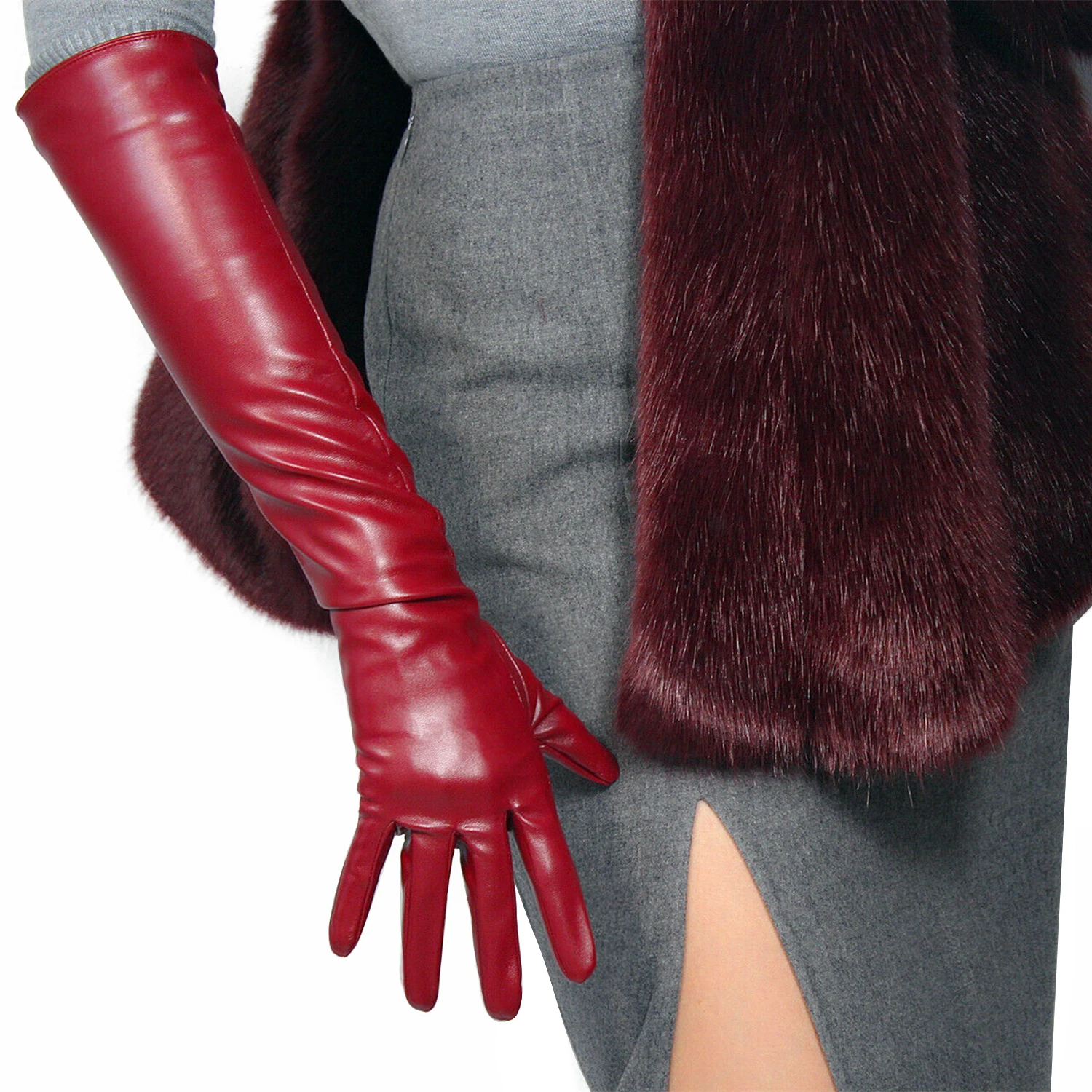 Burgundy GLOVES Faux Leather Elbow Long GLOVES Gothic Events Halloween Party Cosplay Evening Party Stage Performance Opera Glove