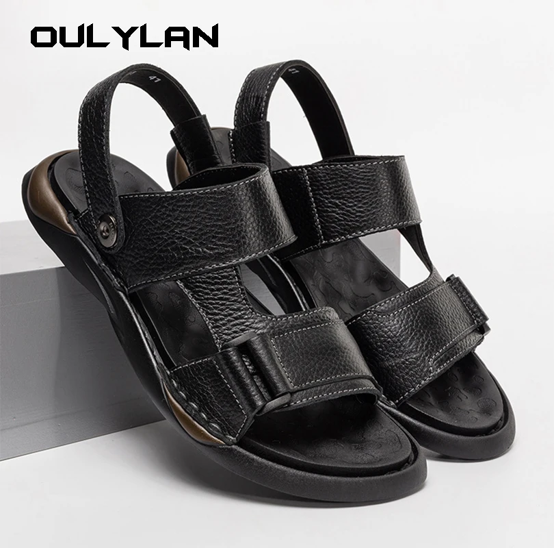 

Oulylan Fashion Men's Summer New Retro Leather Non-slip Beach Slip-on Sandals Travel Flip-flops Slippers Black Brown