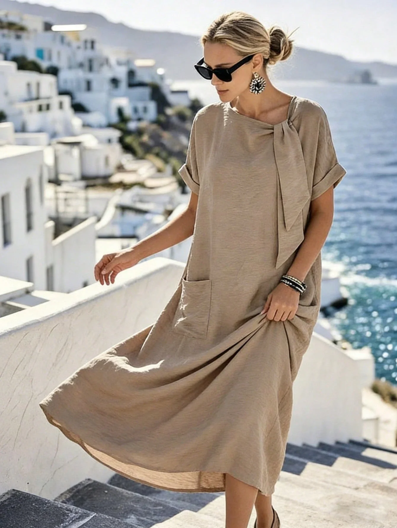 

Свободное летнее платье макси с коротким рукавом и завязками, повседневный стиль для отпуска, из смесового льна, женское