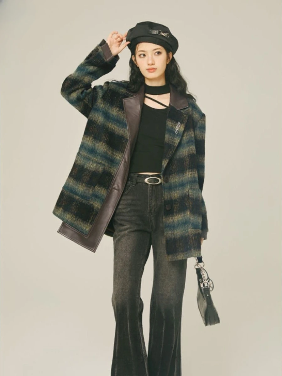 Woolen Coats Women Fashion Streetwear Chic All-match Plaid Elegant Ladies Patchwork Retro Slim Fit Warm Comfortable Trendy Girls