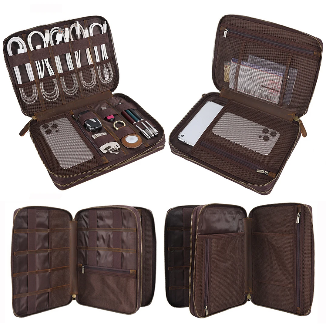 전체 곡물 가죽 여행 케이블 액세서리 가방 전자 주최자 전원 은행 남자 클러치에 대 한 운반 케이스 보관 가방