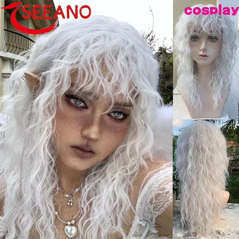 SEEANO Synthetic Cosplay Wig Long Curly With Bangs White Wig Pure White Wool Roll Lolita Women Halloween Cosplay Wig Female C