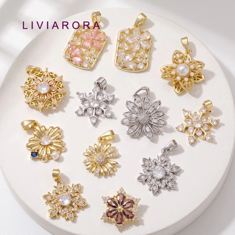 2Pcs 18K Gold Plated Brass Floral Pendant Zircon Vintage Flower Chrysanthemum Snowflake Rectangle Charms For Jewelry Making