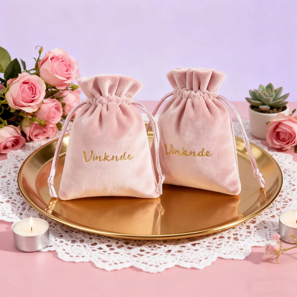 

100Pcs Custom Pink Velvet Drawstring Gift Pouch Bag for Wedding Christmas Party Ring Necklace Watch Jewelry Storage Personalized