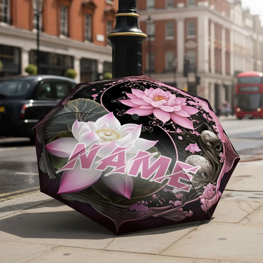Custom Name umbrella, Elegant Lotus Flower Art Umbrella, Fashion Folding Umbrella for Sunny and Rainy Days, Christmas Gift