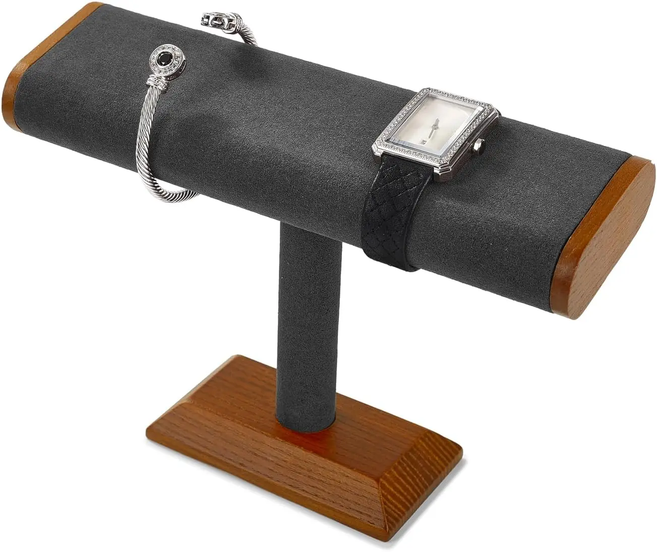 Solid Wood T-Bar Watch Display Stand, Grey Jewelry Organizer for Bracelets