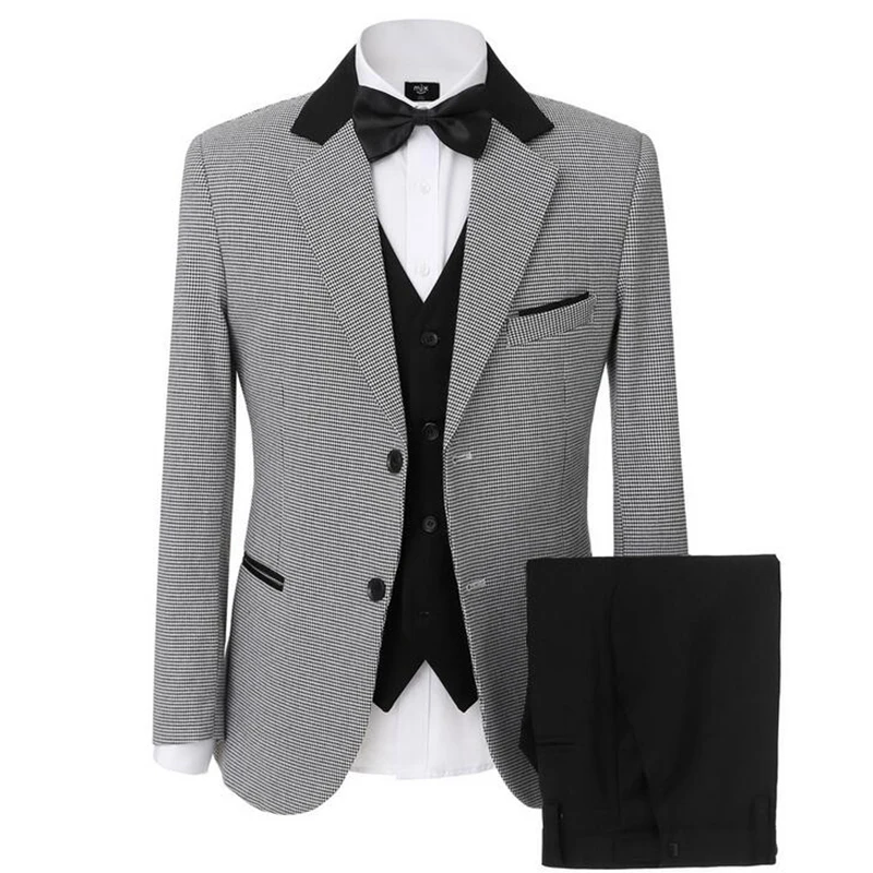 

Men's Wedding Groom Tuxedo Houndstooth Suit 3 Piece Formal Party Dress Blazer Vest Pants