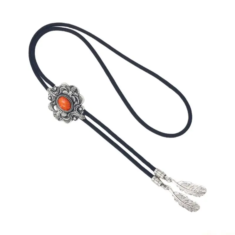 31BF Western Shoestring Necktie Braided Belt Tie Cool Flower Charm Engraved Stone Pendant for Women Men