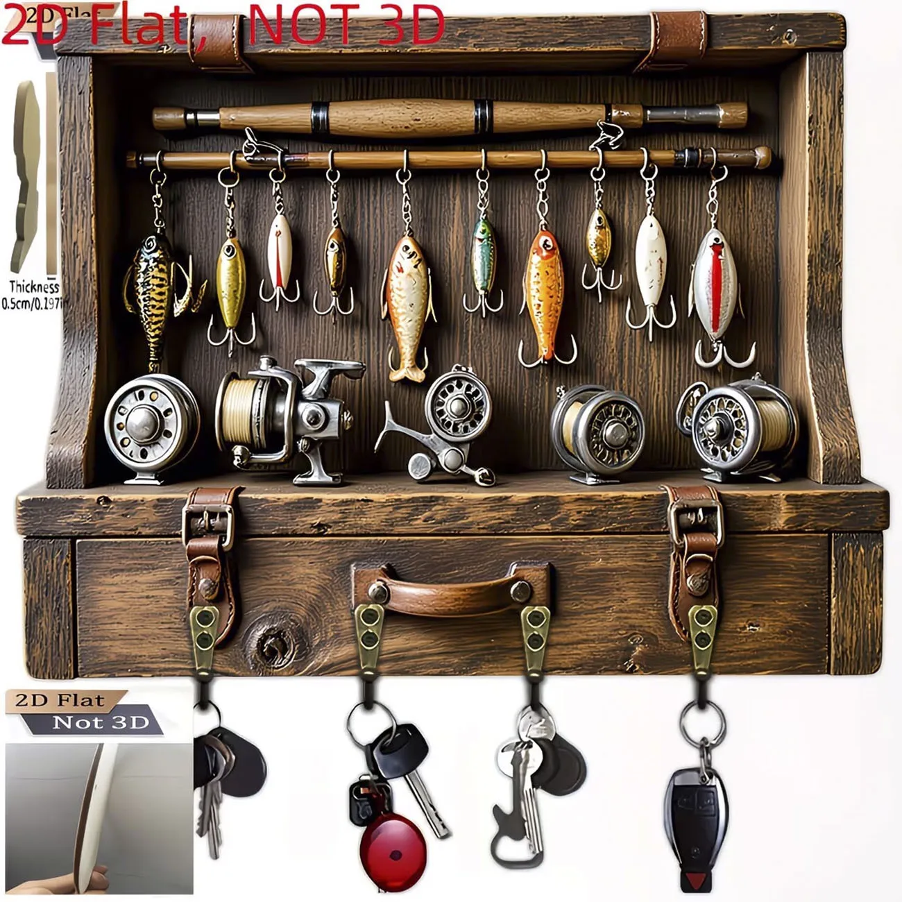 Suporte de Chaves Vintage com Design de Isca de Pesca, Impressão Plana 2D de Vara e Carretilha, Porta-Chaves de Parede para Pescadores