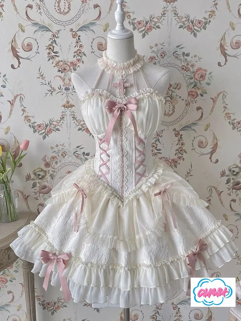 اليابانية المتناثرة القوطية لوليتا فستان الأميرة الحلو القوس الصليب الدانتيل كشكش حافة عشاء حفلة حزام الرقبة فستان المرأة