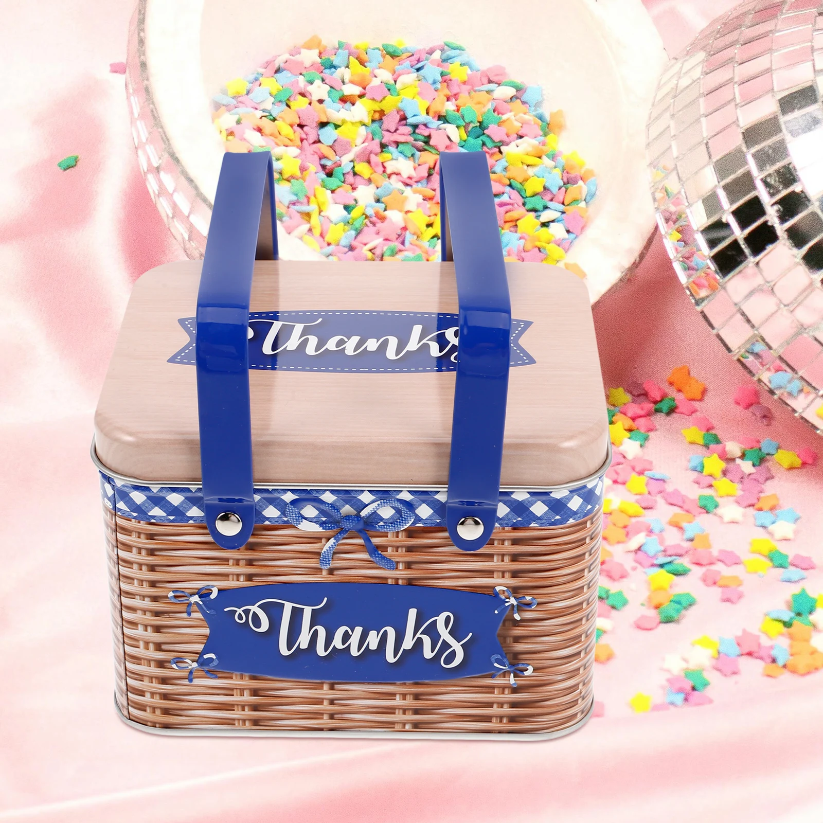 

Metal Cookie Biscuit Box Tin with Handle Rattan Style Snack Container Storage Rectangle Candy Tin Jars Small Gifts Packaging