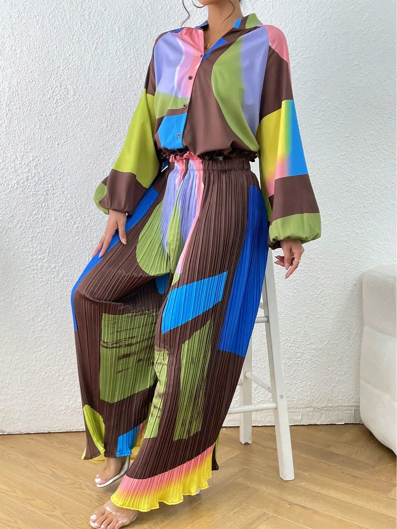 Geo Colorblock Print Pants Set Women Two Piece Set Batwing Sleeve Tops Pleated High Waist Pants