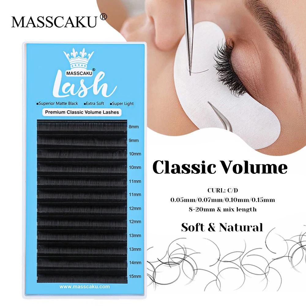 MASSCAKU Wholesale 8-20mm and Mix Size Synthetic Hair Classic Regular Eyelash Waterproof Russian Volume Lashes for Beauty Salon