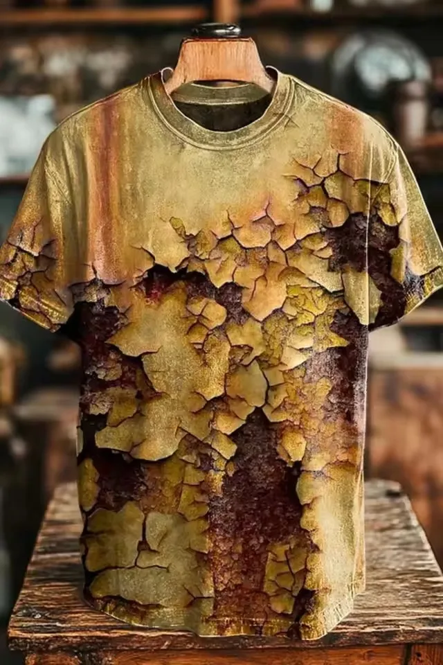 New Brown Gold Vine Curled Grass Dark Pattern Printed Short Sleeve T-shirt, Vintage Round Neck Men's Daily Top
