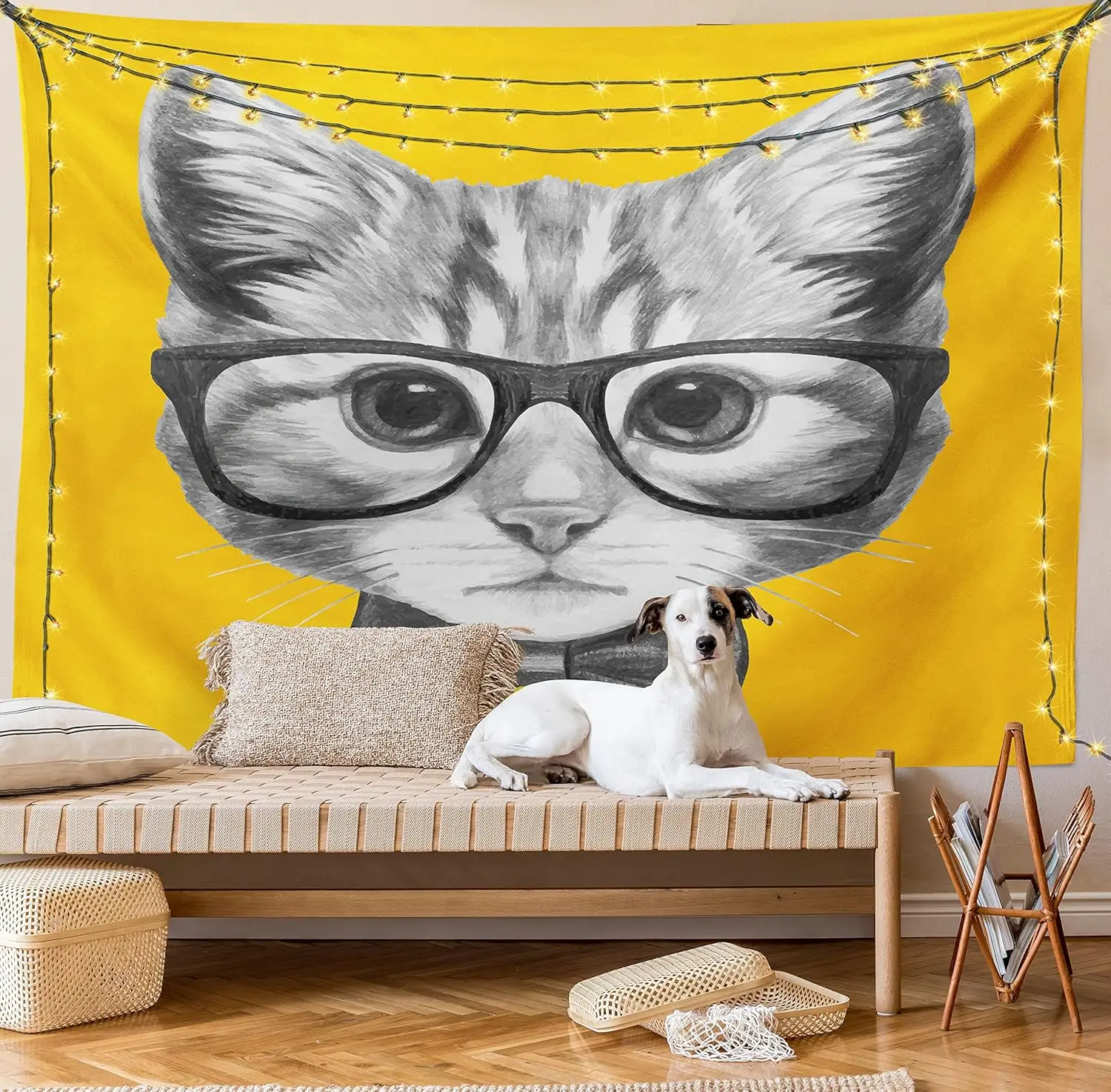 Cool Cat with Glasses & Bow Tie Tapestry,Bright Yellow Background Sketch Print Wall Hanging for Modern Bedroom Living Room Decor