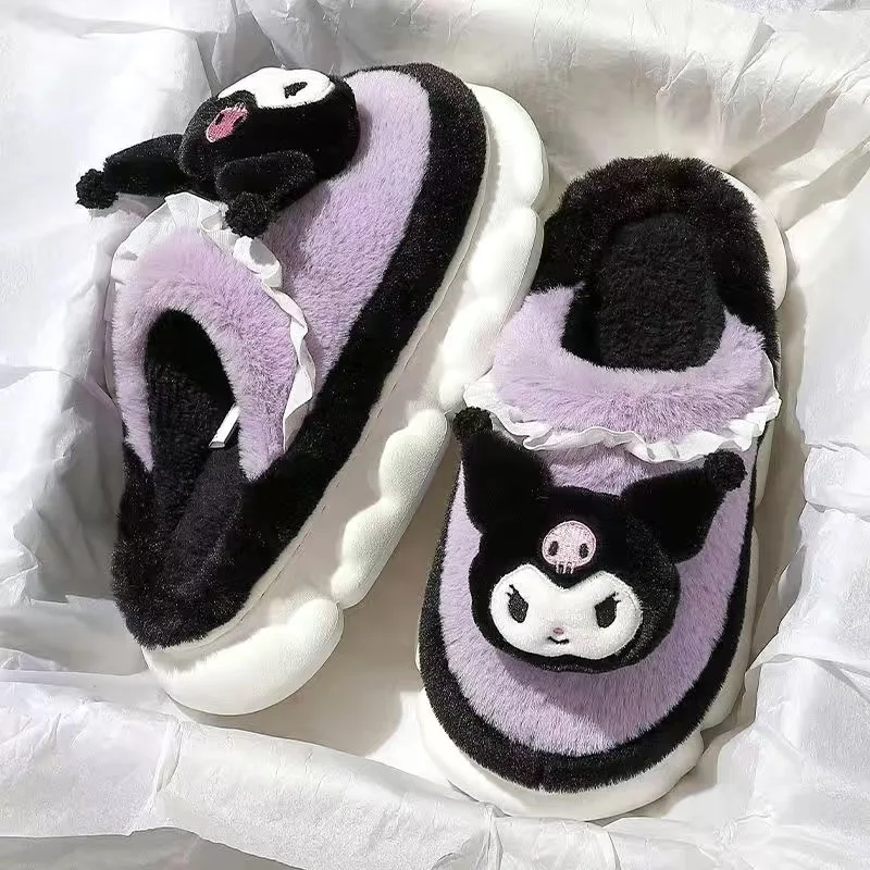 Sanrio Girls Fashion Cartoon Anime Cotton Slippers Winter Cute Melody Thick Bottom Plus Plush With Heel Indoor Home Warm Slipper