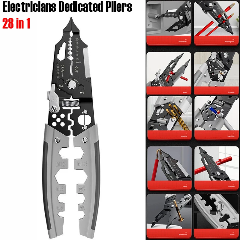 

28-in-1 Multi-function Wire Stripping Pliers Wire Stripping Cutting Crimping Terminals With Wrench Screwdriver Electricians Tool